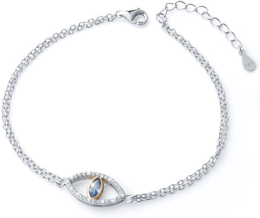 925 Sterling Silver Blue Evil Eye Double Strand Bracelet Necklace Stud Earrings Jewelry for Women Girls Ladies Christmas Gift