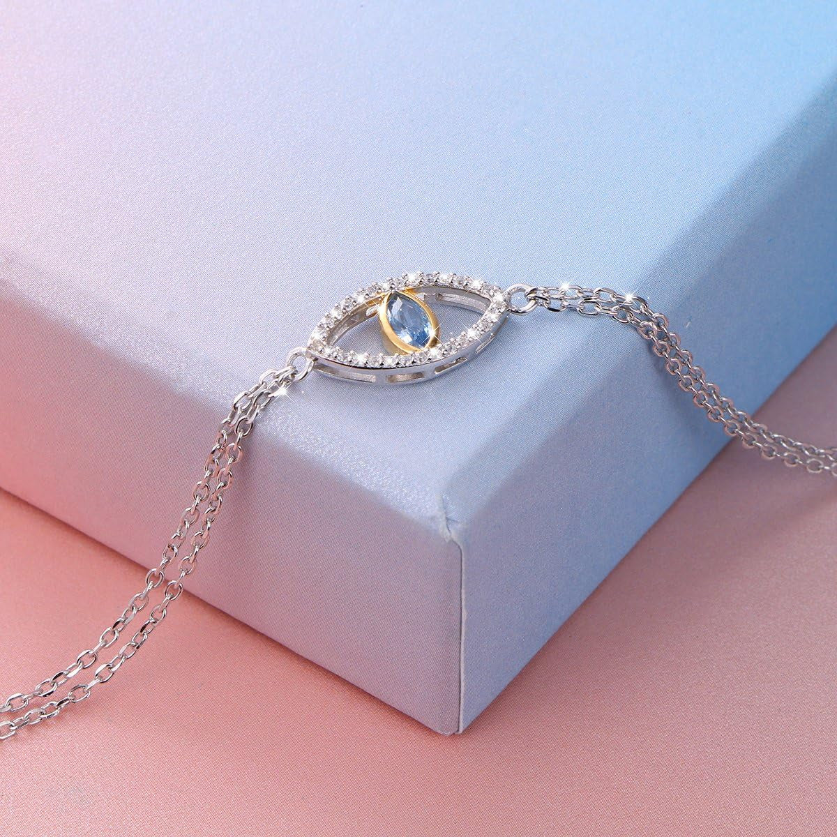 925 Sterling Silver Blue Evil Eye Double Strand Bracelet Necklace Stud Earrings Jewelry for Women Girls Ladies Christmas Gift